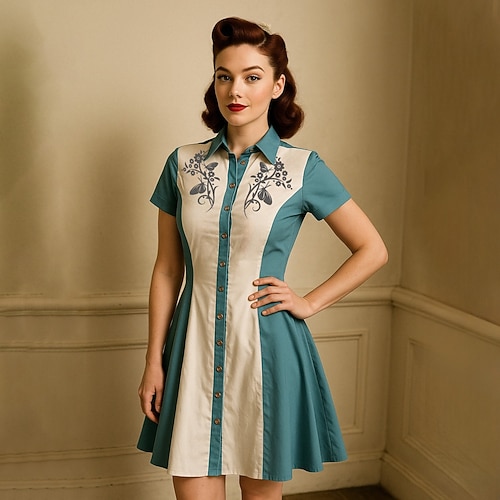 Retro Vintage 1950er Mini A-Linien-Kleid Hemdkleid Cowgirl Knopfleiste 3D-Druck Kostüm Damen Maskerade Urlaub Lässig Teegesellschaft Erwachsene Kleid Sommer Image