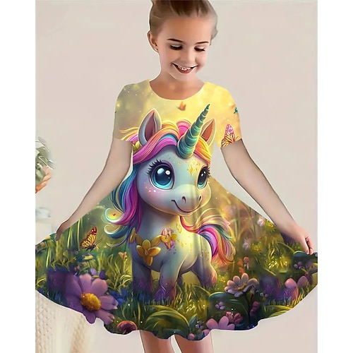 Mädchen' 3D Einhorn Kleid Kurzarm Sommer Frühling Urlaub Täglich Ferien Prinzessin Schön Süß Kinder 4-12 Jahre Freizeitkleid Knielang Normale Passform Image