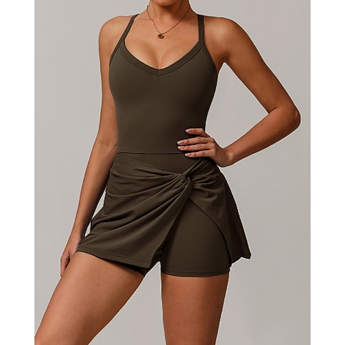 Damen Einfarbig Tenniskleid mit integrierten Shorts und BH Sportkleid 1 Stück Ärmellos Knoten vorne Rückenfrei Atmungsaktiv Tennis Pickleball Träger Kleid Schwarz Dunkelmarine Purpur Tennisbekleidung Image