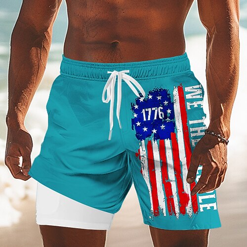 Amerikas 250. Jahrestag Unabhängigkeitstag Herren US-Flagge patriotische 4. Juli gefütterte Shorts 2 in 1 Boardshorts Schwimmshorts Mittlere Taille Urlaub Seitentaschen mit Kompressionseinlage Image