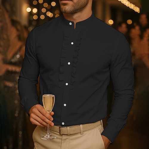 Herren Hemd Kleidhemd Knopfhemd Einfach Hochzeit Party Schwarz Weiß Langarm Stehkragen Frühling Herbst Bekleidung Rüsche Image