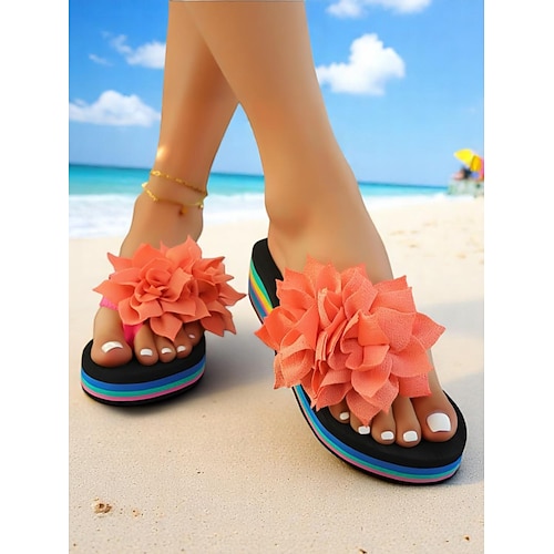 Damen-Flip-Flops mit Regenbogen-Plateau und großer rosa Blume, farbenfrohe Strandsandalen für den Urlaub, Teenager und junge Erwachsene, lässiger Sommerstil Image