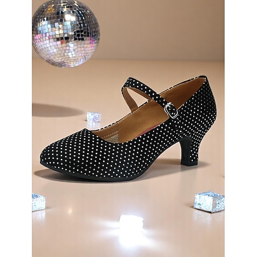 Schwarze Tanzschuhe mit Punkten für Damen, niedrigem Absatz und Knöchelriemen – professionelle Standard-Übungsschuhe für Latein- und Swingtänzerinnen Image