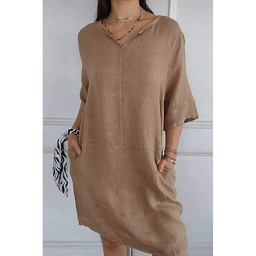 Damen Minikleid Baumwoll Mischung Shiftkleid Baumwoll-Leinen-Kleider Freizeitkleid Basic Modern Täglich Wochenende Normale Passform Einfach Dreiviertelarm V Ausschnitt Schwarz Weiß Braun Grau Sommer Image