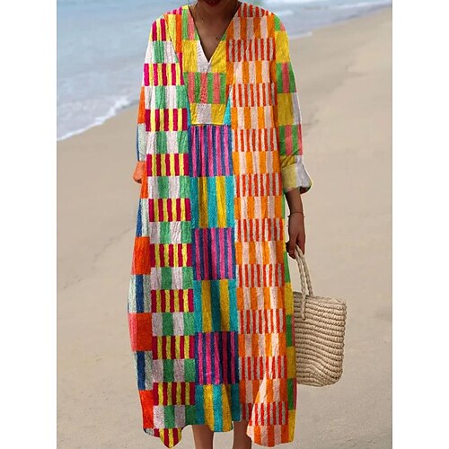 Damen Midi Kleid V-Ausschnitt Lange Ärmel Kaftan Leicht Lockerer Schnitt A-Linien Kleid Lässig Boho Ausgehen Lockerer Schnitt Grafisch Lange Ärmel V-Ausschnitt Schwarz Blau Orange Khaki Image
