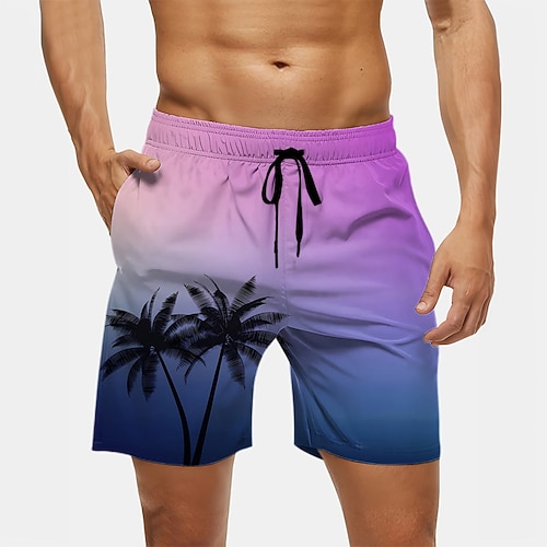 Herren Kokospalme Farbverlauf Tropische Pflanzen Badehosen Badeshorts Boardshorts Mittlere Taille Streetwear Hawaiianisch Urlaub Seitentaschen Netzfutter Elastischer Kordelzug in der Taille Designer Image