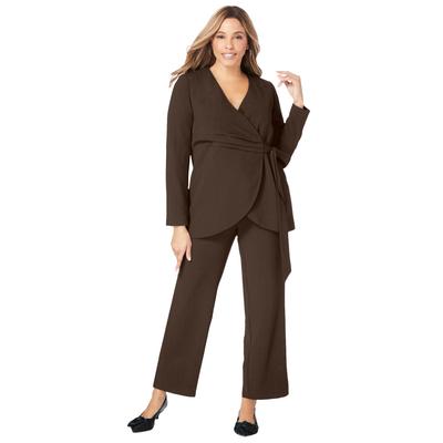 Plus Size Women's 2-Piece Faux Wrap Pantsuit by Jessica London in Chocolate (Size 14 W)