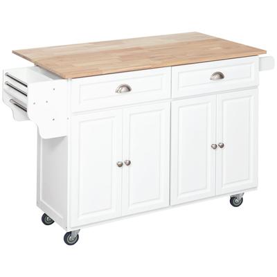 Rolling Kitchen Cart with Solid Wood Drop Leaf Breakfast Bar, Storage Drawers, 4-Door Cabinets, Spice Rack