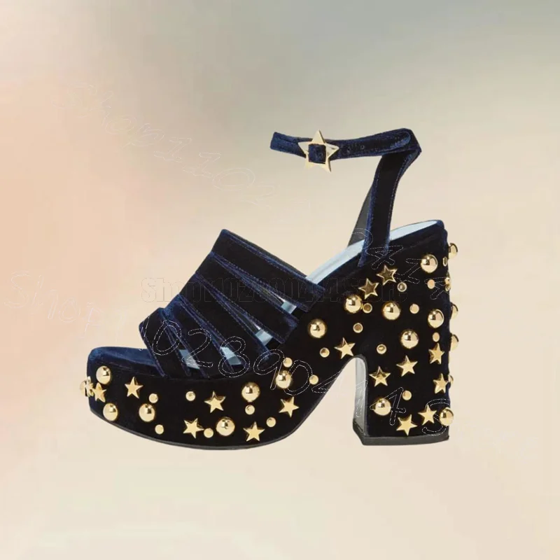Gold Stern Nieten Schwarz Cord Plattform Sandalen Schnalle Frauen Schuhe Chunky High Heels Party Fest 2024, Zapatos Para Mujere