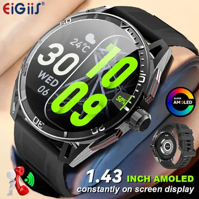 EIGIIS Militär-Smartwatch für Herren, AMOLED, immer IP68, wasserdichte Fitnessuhr mit Herzfrequenz-Schlaf-Tracker, Bluetooth-Anrufe Image