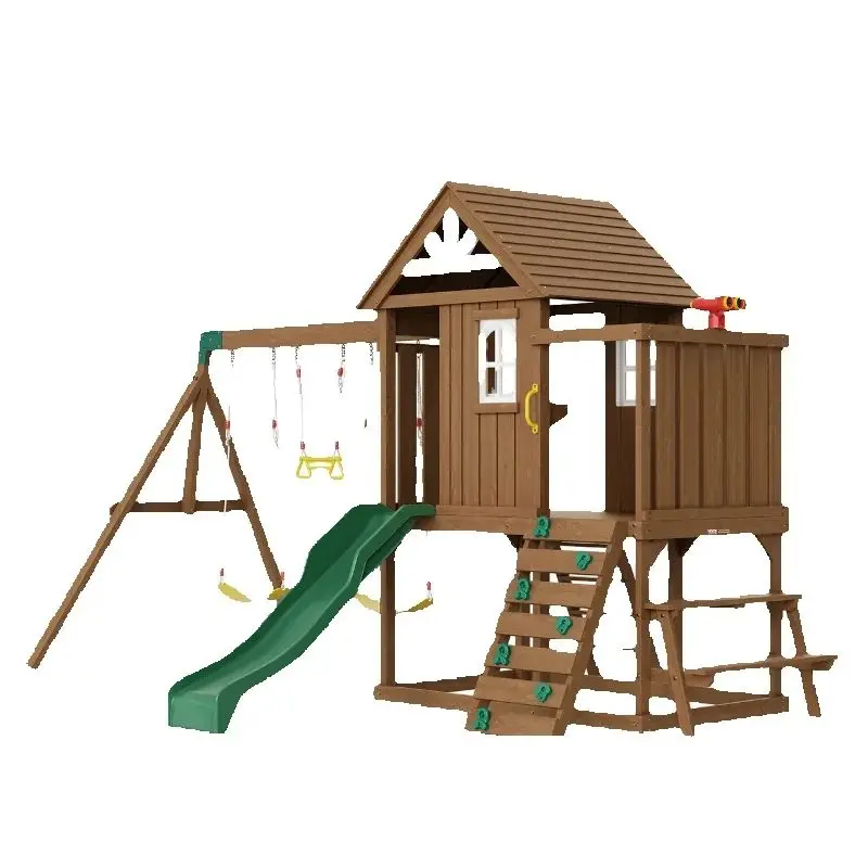 SucceBuy Holzschaukel-Set, 9/10 IN 1, Outdoor-Spielplatz-Sets für Hinterhöfe, 2 Schaukeln, Trapezstange, 6 Fuß Rutsche, große obere Fort Image