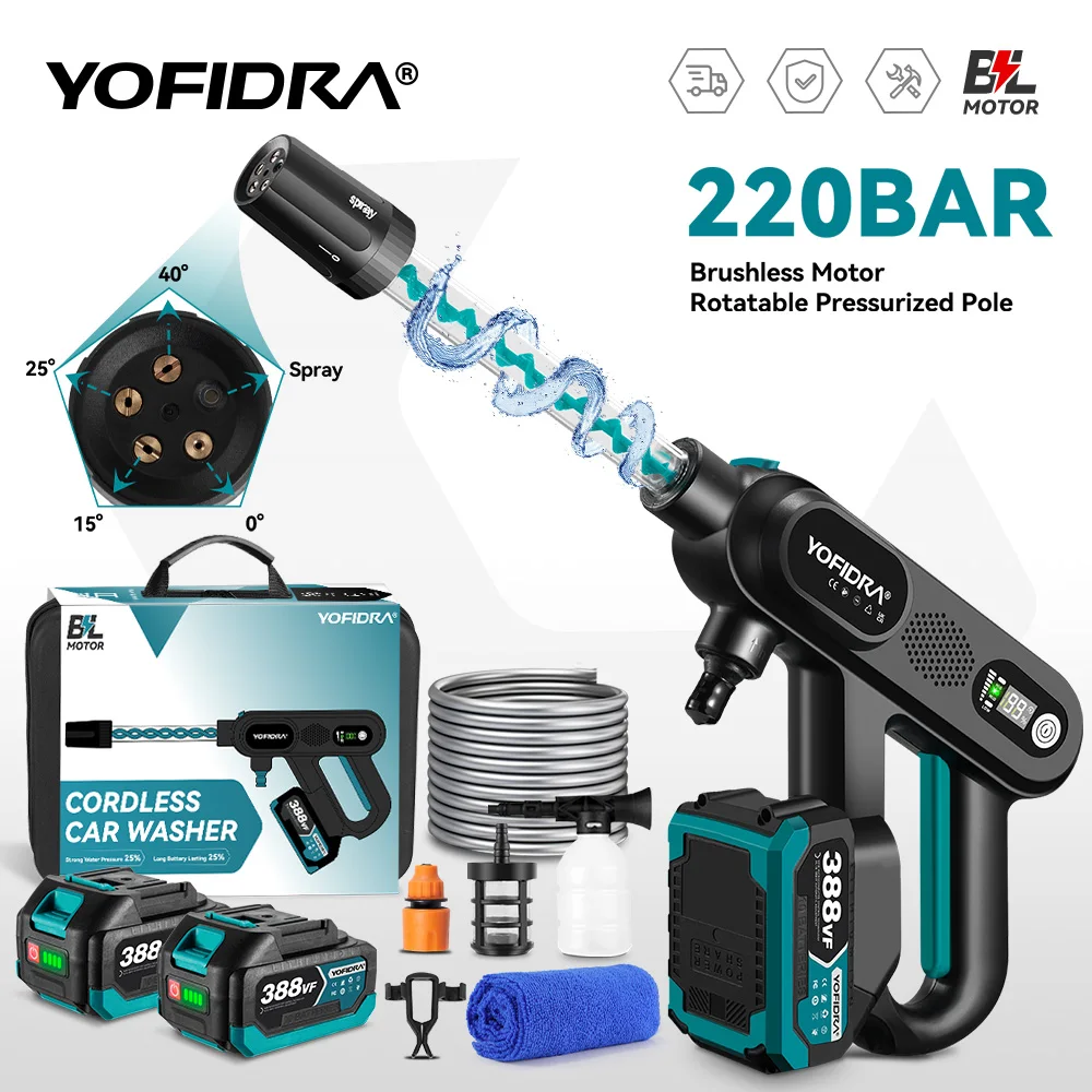 YOFIDRA 220 Bar Bürstenlose Elektrische Hochdruck Auto Waschmaschine Pistole 3 Gang Wasser Spritzpistole Haushalt Garten Werkzeuge Für Makita batterie