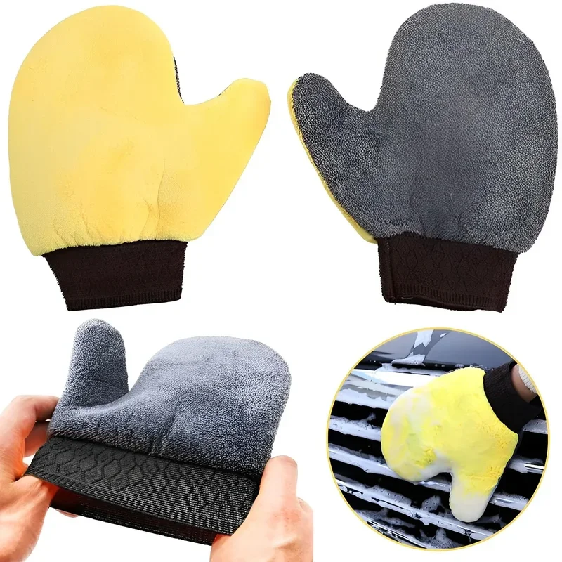 Auto Waschen Reinigung Handschuh Pinsel Dicke doppelseitige Mikrofaser Korallen Fleece Handschuhe Auto Reinigung Handschuh Auto Wachs Detaillierung Pflege Pinsel Image