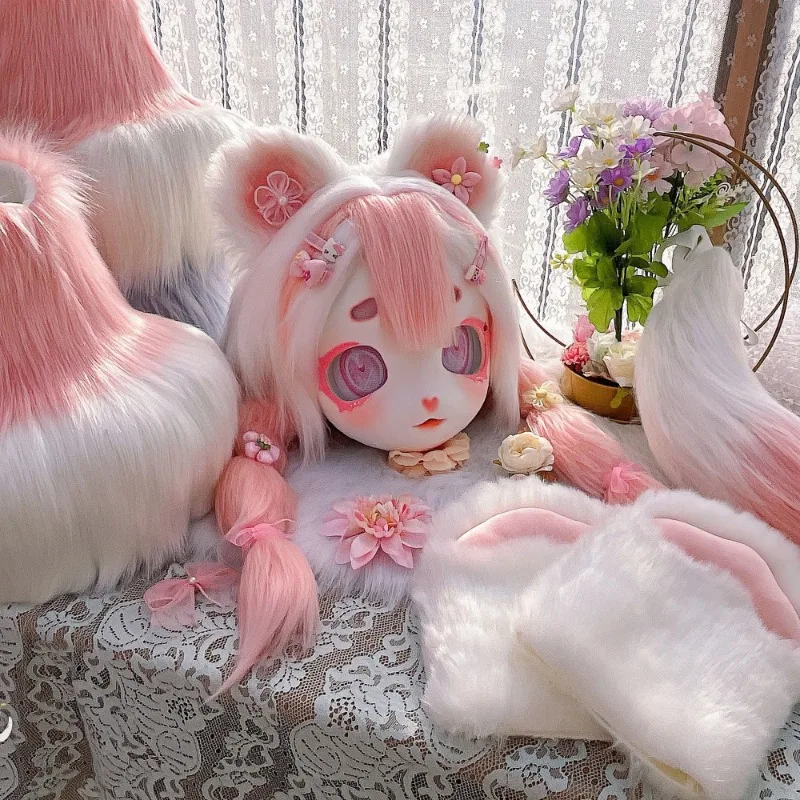 Fursuit Kigurumi Furry Cosplay Kostüm Rosa Kleiner Bär Kopf Pfote Schwanz Schuhe Comiket Furries Puppe Kig für Kinder Erwachsene Dress up