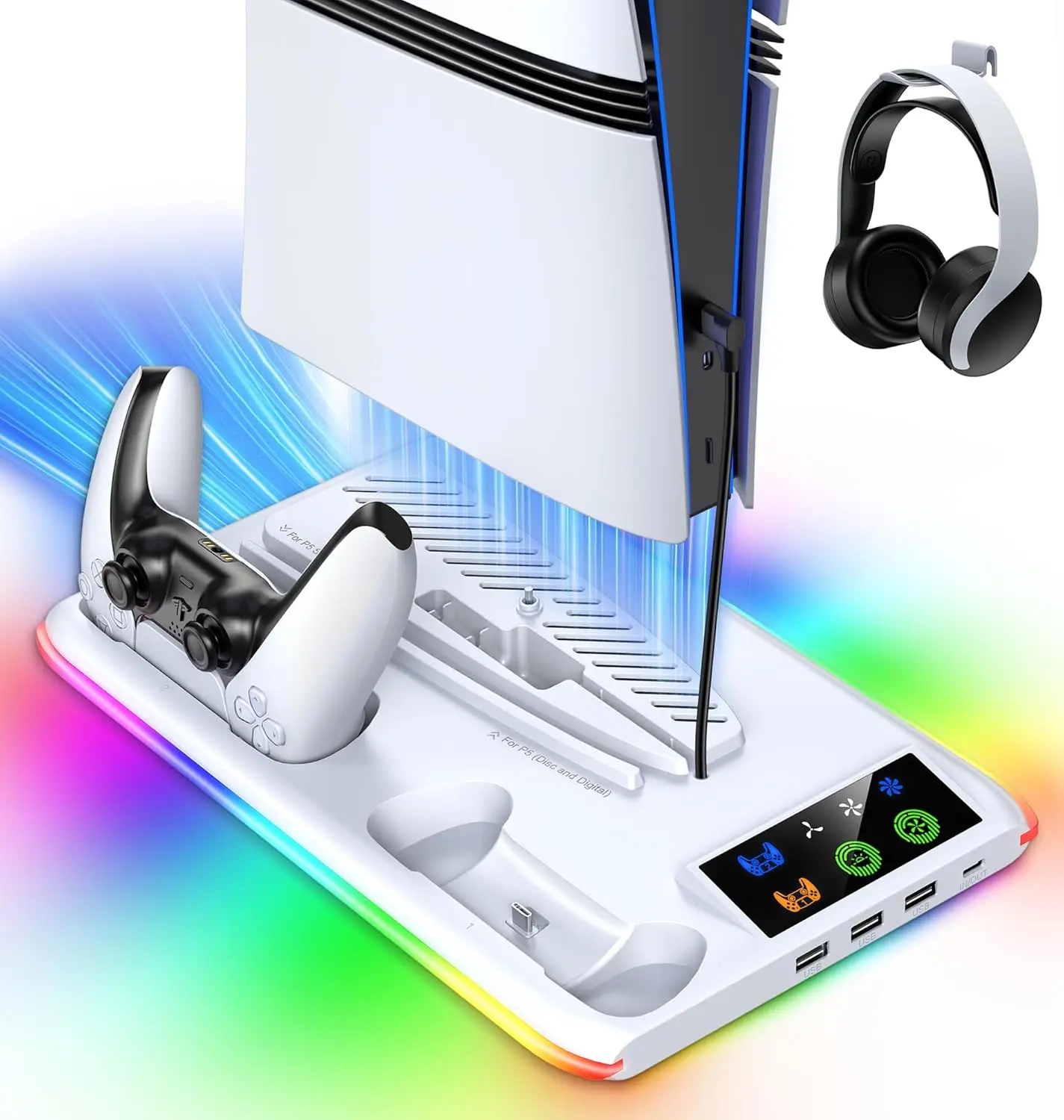 Für PS5/Slim/Pro Kühlständer mit LED-Controller-Ladestation, 3-Gang-Lüfter für PlayStation 5-Konsolenzubehör Image