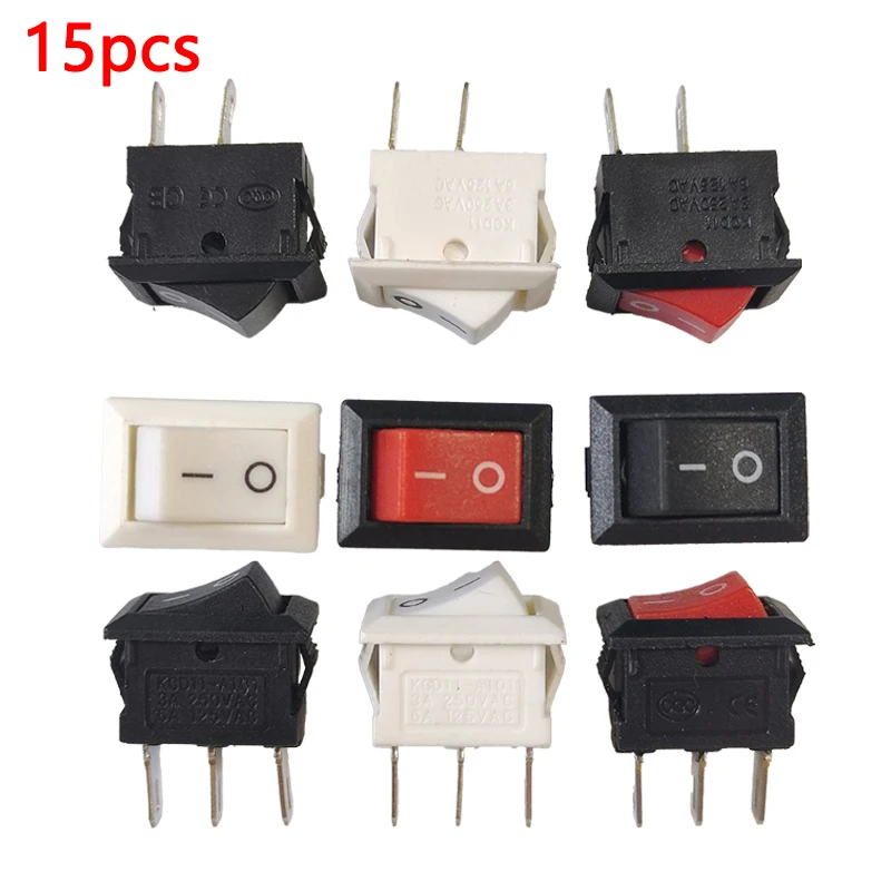 15Pcs Small Rocker Switch Kcd11 10x15mm Black Red And White Mini Push Button ON-OFF Snap-In 2Pins/ 3Pins 3A 250V AC/ 6A 125V AC Image
