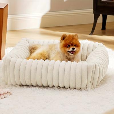 TEMU Square Wavy Stripe Pet Bed For Cats And Dogs, Warm Plush Nest,, Comfortable And Machine Washable, In Sizes Image