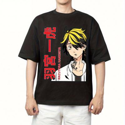 TEMU Hanemiyashirt Anime Graphic T-shirt For Men - Black Casual Round Neck Tee With Vibrant Print, , Hand Wash Only, Fan Merchandise, Bohemian Style, Nontransparent Fabric Image