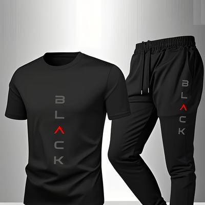 TEMU Men's Casual Comfortable Breathable Print Pajama Set - Crew Neck Short Sleeve T-shirt & Drawstring Pants, Solid Color, Stretch Fabric, Summer Loungewear Image