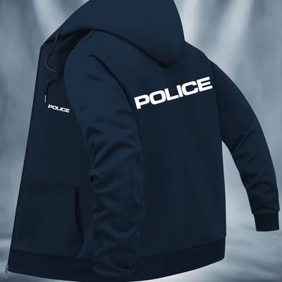 "TEMU Men' Navy Blue Hooded Jacket With "police" Print - Casual Zip-up With Pockets, Polyester Blend, Machine Washable, Fit For Casual Attire" Image