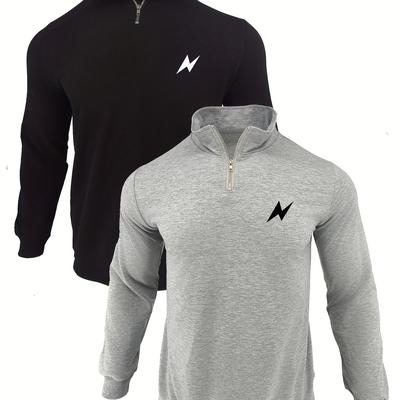 TEMU Men's Casual Lightning Print Zip-up Hoodie & Sweatshirt Set - Breathable, Long Sleeve, Fashion Pullover For Fall/winter, Stand Collar, Sports, Multi-piece Set Image