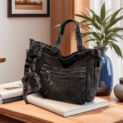 TEMU 1pc Women's Shoulder Bag - Chic Tote With Adjustable Strap, Zipper Closure & Multiple Pockets - Ideal For Travel, Commuting, Daily Use & Shopping - Spacious, Foldable Design, Black Jean Material Image