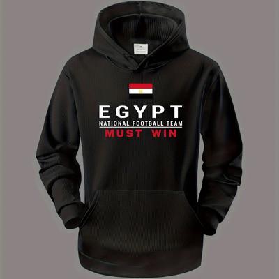 TEMU Egypt Men's National Football Team Hoodie - Casual Black Pullover With Kangaroo Pocket, Polyester, Machine Washable, Ideal For Autumn & Winter Sports And Outdoor Activities, Oversized Hoodie Image