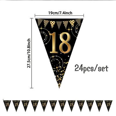 TEMU 24pcs/pack Elegant 18th Birthday Banner, Black & Golden Pennant Flags, Adulthood Milestone Celebrations, 18th Birthday Party Decorations, Includes 24 Flags Image