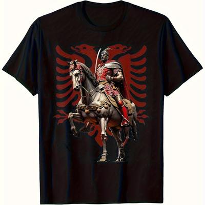 TEMU Albania And Pride Graphic T-shirt- Men's Casual Round Neck Cotton Tee With Design, Black, Size S, Gift For Albanians| Cultural Design Tee| Glossy Cotton Fabric Image
