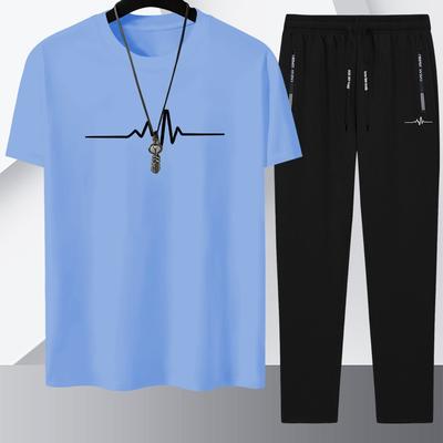 TEMU Print Element Men's Summer Casual Two-piece Set, Men' Casual Short-sleeved Long-pants Casual Suit Image