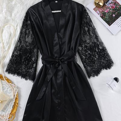 TEMU Elegant Black Satin Robe With Lace Sleeves And Belt - V-neck, Solid Color, Three-quarter-length, Sleepwear For Adults, Comfortable And Stylish Nightgown Image