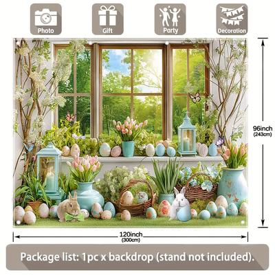 TEMU [2d Flat]1pcs, 7x5ft/8x6ft/10x8ft/12x8ft, Easter Windowsill Backdrop, Tulip Scenery Background, Egg Rabbit Decorations, 2d Flat, Not Or Real Model, No Power Need Photo Booths Banner Supplies Image