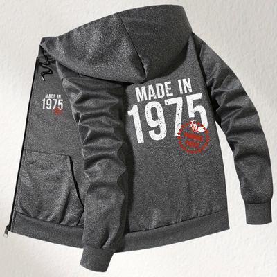 "TEMU Men's Vintage 1975 Retro Print Hooded Jacket - Slim Fit Zip-up Casual Coat With "made In 1975" Design, Machine Washable Autumn Winter Outerwear, Vintage Jacket, Smooth Texture Fabric" Image