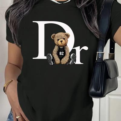 "TEMU Women's Casual "dr" Graphic T-shirt With Cute - Comfortable Short Sleeve Knit Top, Machine Washable, Wear, Top| Bear Illustration|stretchable Fabric" Image