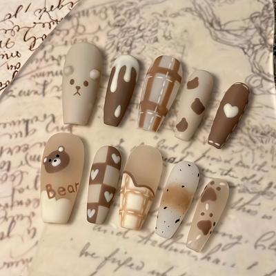 TEMU 24pcs Cute Bear & Press-on Nails - Medium , Glossy Finish, Mixed Colors (beige, Brown, White) With Jelly Glue & Nail File Included, Beauty Accessories, Whimsical Patterns, Durable Pressons Image