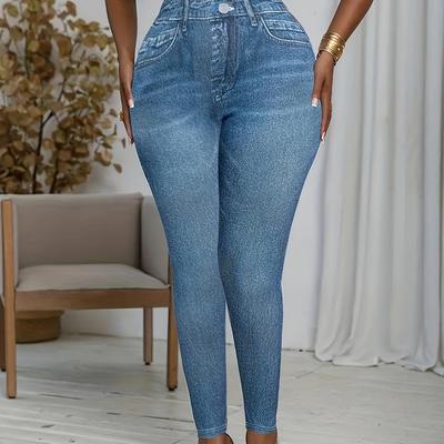 TEMU Women's Plus Size High-waist Stretch Leggings - Light Blue, Slim Fit, Machine Washable, Comfortable & Stylish For Casual Wear, Leggings|slim Fit Pants|stretch Image