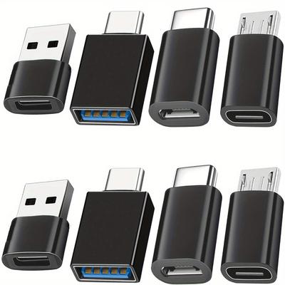 TEMU 8pcs Usb To Usb C Adapter, Usb Type C Female To Usb Adapter, Micro Usb To Usb C Female Male Converter Connector, For Laptop Car Smartphone Headphone Mic Pc Image