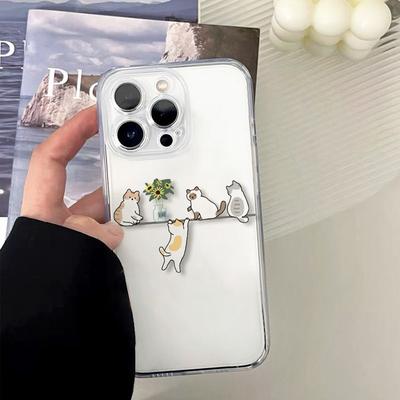 TEMU Simple And Mobile Phone Case With Transparent Bottom Cute Cat And Sunflower Illustrations, Suitable For 15, 14, 13, 12, 11 Pro Max, Xs, Xr Image