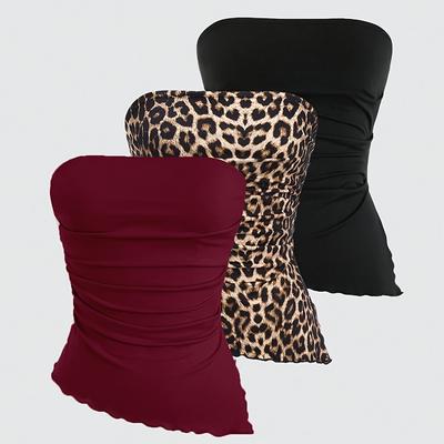 TEMU Y60-spring/summer Elegant New Y2k Sexy Cute Ruffle Hem Asymmetrical Solid Leopard Print Strapless Bodycon Camisole, Date Top, Party Top, Concert Top, Casual Outing Top Image