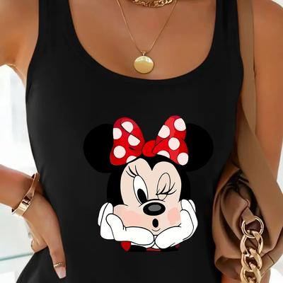 TEMU Star Collection Women's Sleeveless Tank Top - Vibrant Orange Mouse Print With Red Polka Dots & Bow, Lightweight Summer Casual Top, Round Neck, Machine Washable, Casual Attire, Design, Image