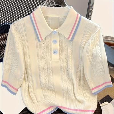 TEMU 2025 New Fashionable Trendy College Style Short Sleeve Top, White With Blue And Red Striped Collar, Breathable Cool Casual Summer Shirt For Women, Elegant Short Sweater Image