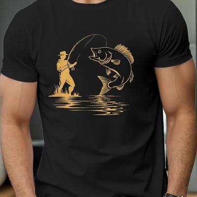 TEMU Men's Summer Casual Fishing Print T-shirt - Soft Breathable 180gsm Polyester, Regular Fit Round Neck Tee With Ribbed Detailing For Outdoor Sports & Casual Attire, Fishing Gear Image