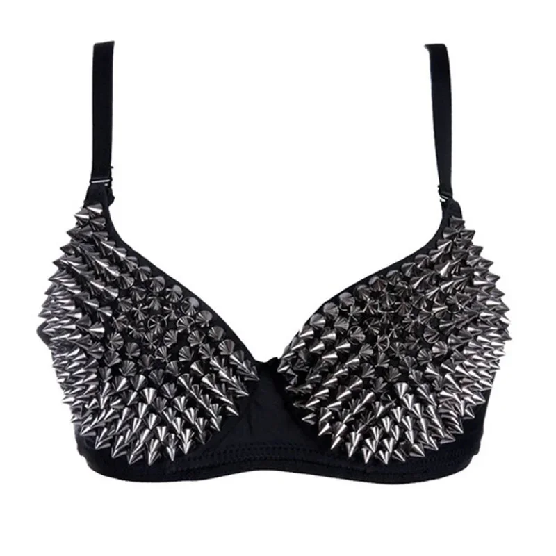 Silber Gothic BH Top Nieten Rave Bralette Dessous Sexy Push Up Punk Rock Allover Metallic Nieten Spike BHs Nachtclub Tragen