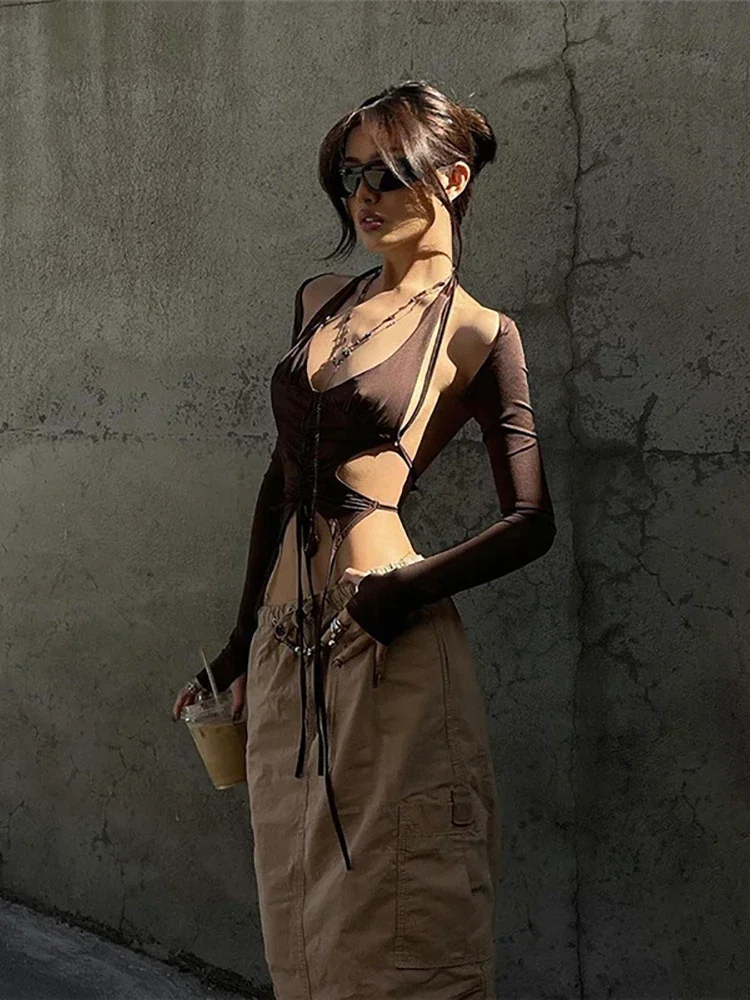 2025 neue Dark Y2k Punk Kordelzug Verband Sexy Camis Techwear Backless Langarm Crop Tops frauen Bodycon Sommer Streetwear