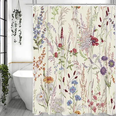 Spring Flower Plant Shower Curtain, Bathroom Decorative Shower Curtain, Waterproof Shower Curtain with Hooks