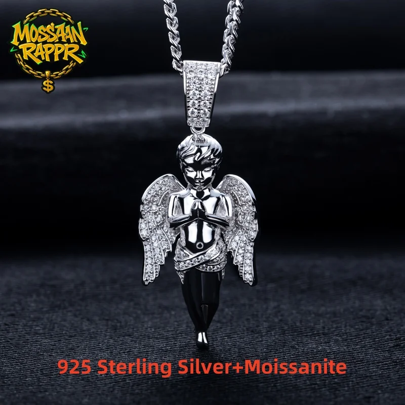 MossanRappr Moissanit Iced Out Blessed Angel Anhänger Bling Hip Hop Halskette 925 Sterling Silber Herrenmode Punk Rock Schmuck