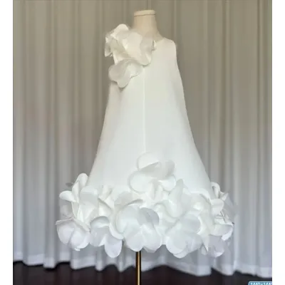 Schöne weiße Blumenmädchenkleider für die Hochzeit, Satin, 3D-Blumenmädchen, Kindergeburtstag, Image
