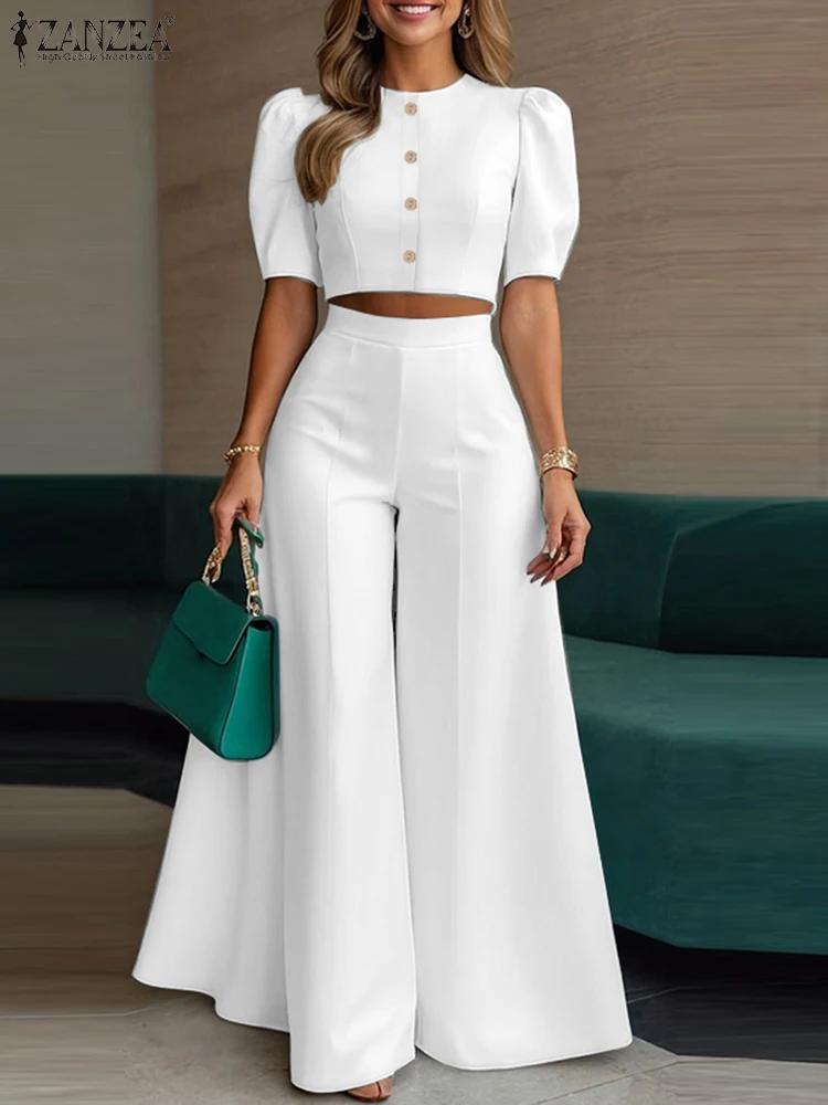 ZANZEA Kurze Puff Sleeve Crop Tops Stilvolle 2 Stück Sets Street Fashion Büro Breite Bein Hosen Frau 2PCS Outfit elegante Hose Sets Image