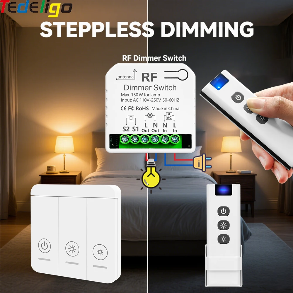 433 MHz 220 V LED-Dimmerschalter, Helligkeit einstellbares Modul, unterstützt 2-Wege-Steuerung, Drucktastenschalter für 10–150 W LED und Halogen
