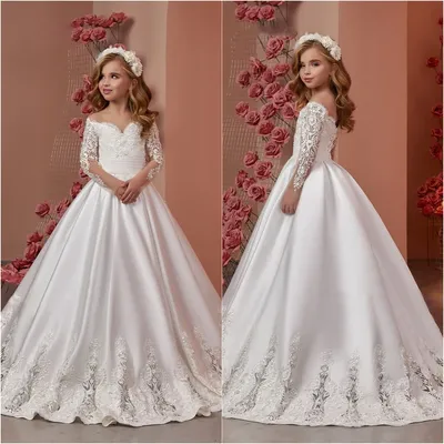 Weiße Blumenmädchenkleider, Festzugskleid für die Hochzeit, Satin-Applikationen, bodenlang, Image